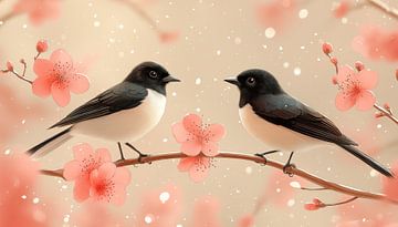 Vogels op een tak lichtroze panorama van TheXclusive Art