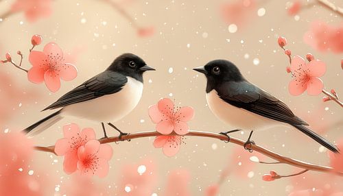 Vögel auf einem Zweig hellrosa Panorama