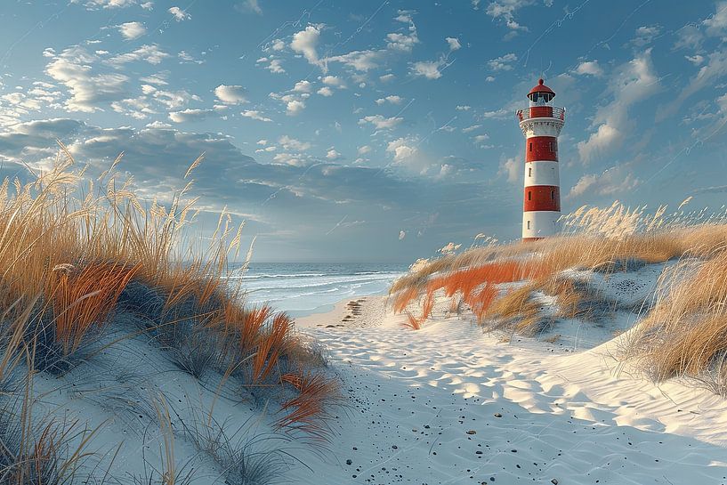 Red lighthouse on a Serene coastal beach at sunset North Sea by Poster Art Shop