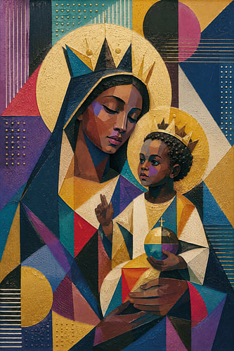 A Cubist painting of the Black Madonna with Jesus.