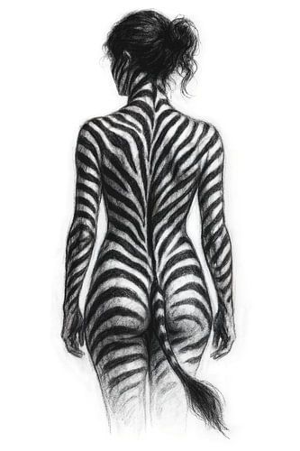 Vrouw met zebrastrepen (AI) (rug, mens, dier, artistiek naakt, intiem, sensueel, sexy, bloot, bodypainting) )