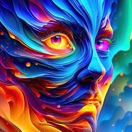 The face of a mystical woman - a being of waves and flames with a penetrating gaze into fire and depth