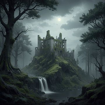 Ruines d'un ancien château sur une colline moussue avec chute d'eau la nuit sur Markus Gann