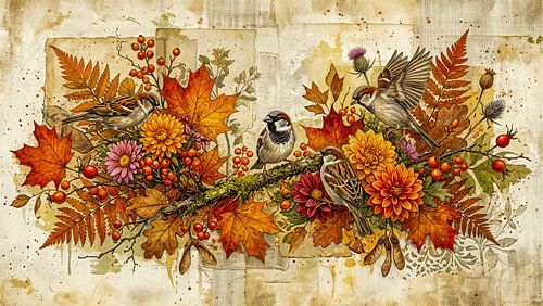 Automne botanique : trois moineaux domestiques et des feuilles colorées