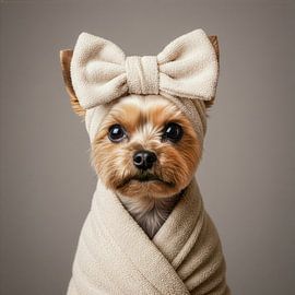 Adorable petit Yorkshire Terrier en peignoir sur Costas Ganasos