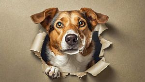 Le chien regarde dans un trou déchiré du côté du papier, isolé sur Animaflora PicsStock