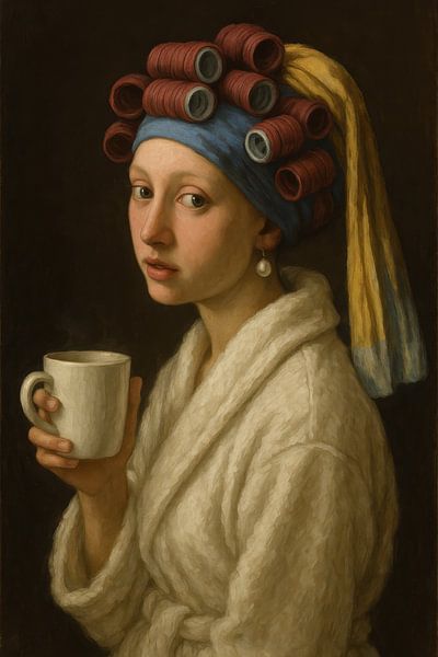 Mädchen mit Perlenohrring und Kaffeetasse von Poster Art Shop