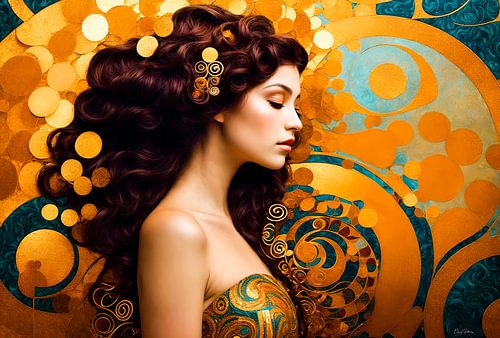 Aurea Divina: Waves of Opulence - Elegant profile in gold & teal