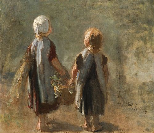 Twee kleine meisjes die een mand dragen - Jozef Israëls (gezien bij vtwonen)
