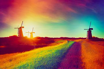 Windmühlen in einem farbenfrohen Feld Illustration von Animaflora PicsStock