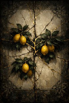 Kintsugi Sicilian Lemon Wall Art - Dark Mediterranean Botanical Canvas - Gold Cracked Majolica Tile Decor