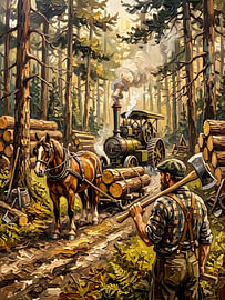 A brown workhorse stands harnessed to a sledge of logs