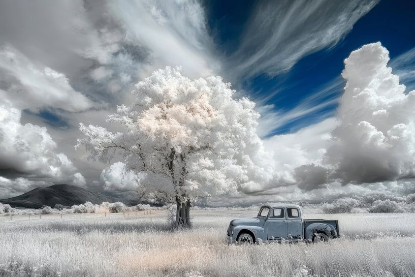 Winter, landscape with an old blue pick-up truck standing in a field - "Vintage Solitude" by Joriali photography and paintings