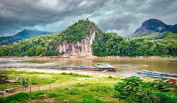 Boats at the Pak Ou cave, Laos by Rietje Bulthuis