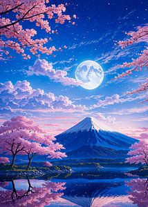Pleine Lune Mont Fuji Cerisiers en fleurs Japon