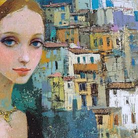 Frau in bunter Stadt von Abstraktes Gemälde