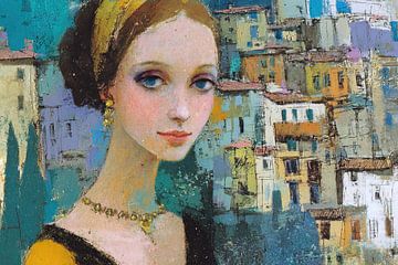 Frau in bunter Stadt von Abstraktes Gemälde