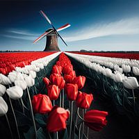 Feld mit roten und weißen Tulpen, das zur Mühle führt