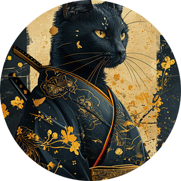 Samurai kat met zwart en goud van Digitale Schilderijen