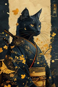 Samurai kat met zwart en goud van Digitale Schilderijen