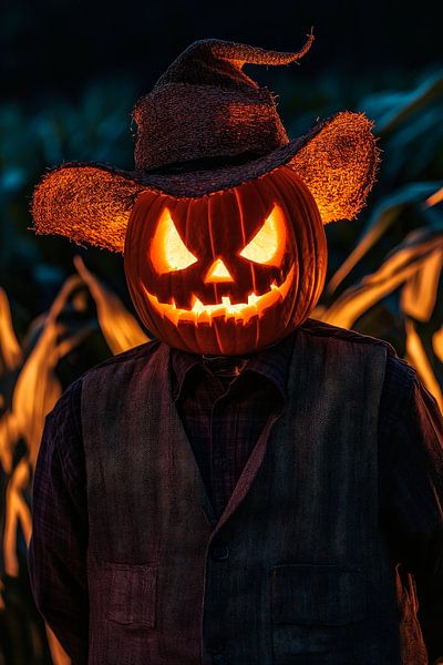 Pumpkin head in a harvest field at night by Poster Art Shop