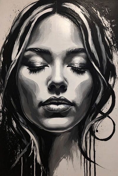 Dromend Vrouwengezicht in Monochroom Contrast van Art & Soul Creations