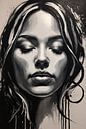 Dromend Vrouwengezicht in Monochroom Contrast van Art & Soul Creations thumbnail