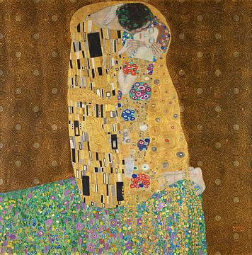 Geïnspireerd door de Kus van Gustav Klimt, in donker goud met geometrisch patroon. van Dina Dankers