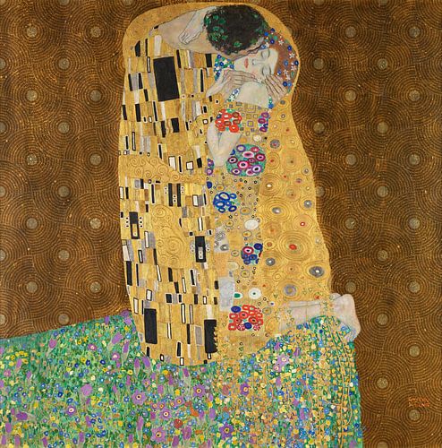 Geïnspireerd door de Kus van Gustav Klimt, in donker goud met geometrisch patroon.