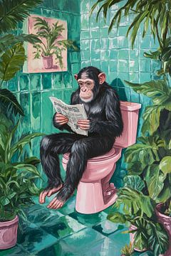 Chimpanzee in the bathroom with plants by Poster Art Shop