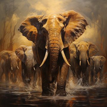 Elephants in water by The Xclusive Art