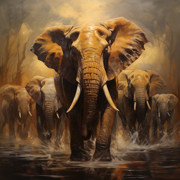 Elephants in water by TheXclusive Art
