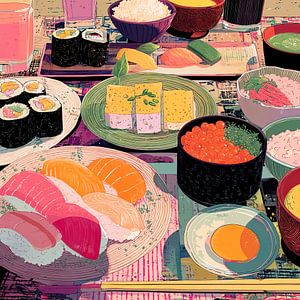 Sushi-Stillleben im Catroon-Stil