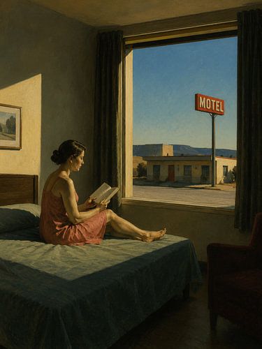 Vrouw die leest in een motel in de woestijn — Wanddecoratie met filmische eenzaamheid