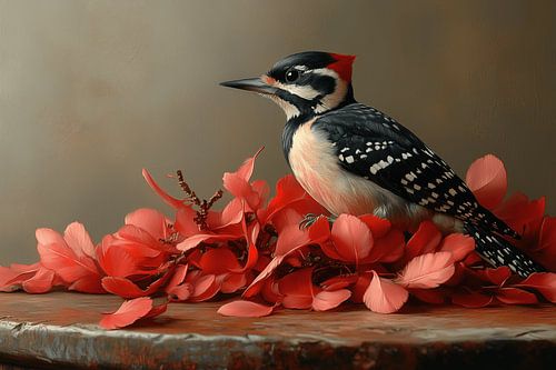 Specht met rode veertjes (in de stijl van Henk Helmantel)