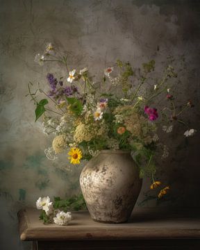 Nature morte rurale et atmosphérique avec bouquet de fleurs des champs sur Studio Allee