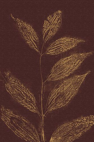 Puur landelijk. Moderne botanische kunst. Bladeren in donkergeel en chocoladebruin.