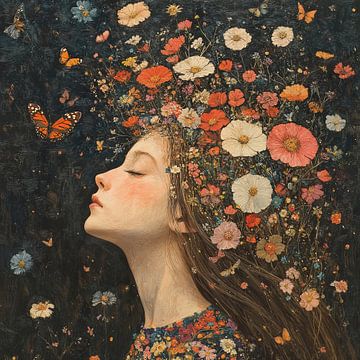 Fleurs Papillons | Fleurs Femme Yeux Fermés sur Peintures accrocheuses