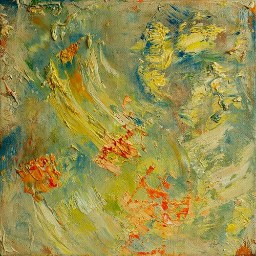 Abstract olieverf schilderij,  blauw, geel, groen, oranje en rood