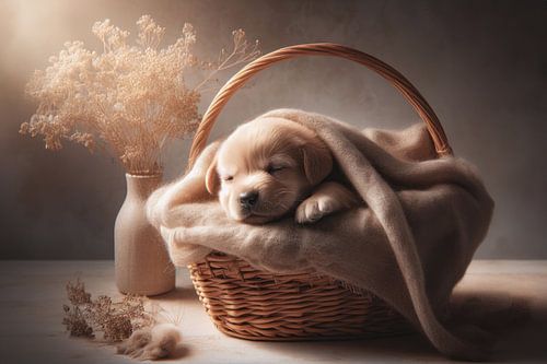 Newborn puppy in a wicker basket