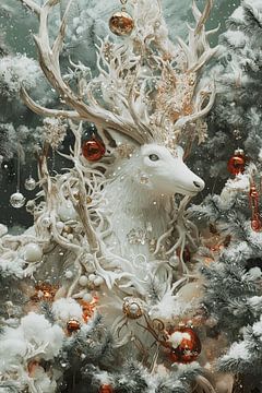 Magische kerst kunst wit rendier snow white van Mel Digital Art