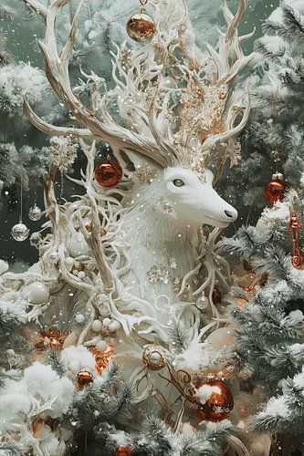 Magische kerst kunst wit rendier snow white van Mel Digital Art