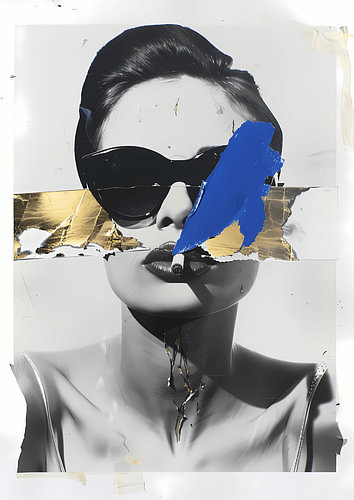 Abstract vrouwenportret met zonnebril en sigaret – Moderne mixed-media-collage in zwart-wit, goud en blauw