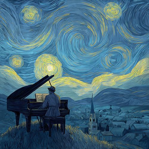 Man speelt piano onder de sterrenhemel