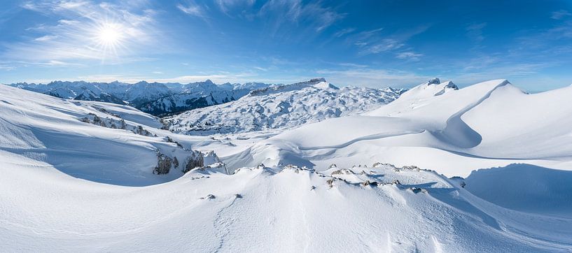 Vue panoramique du Toreck sur les Alpes de l'Allgäu et le Kleinwalsertal avec le Hohen Ifen. par Leo Schindzielorz