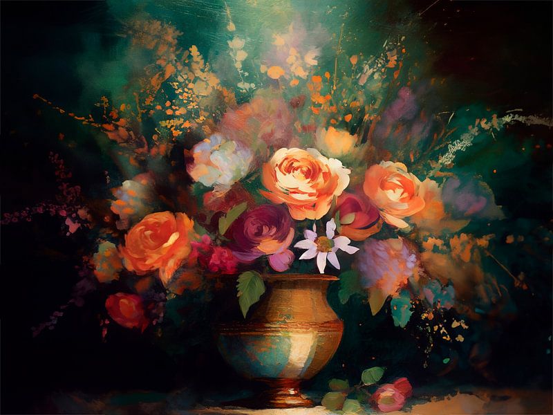 Flower arrangement in warm colours with gold 3 by Studio Pieternel