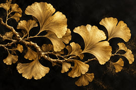 Golden Ginkgo Leaves on Black by AiArtLand