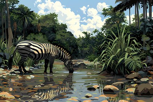 Zebra aan waterpoel in jungle