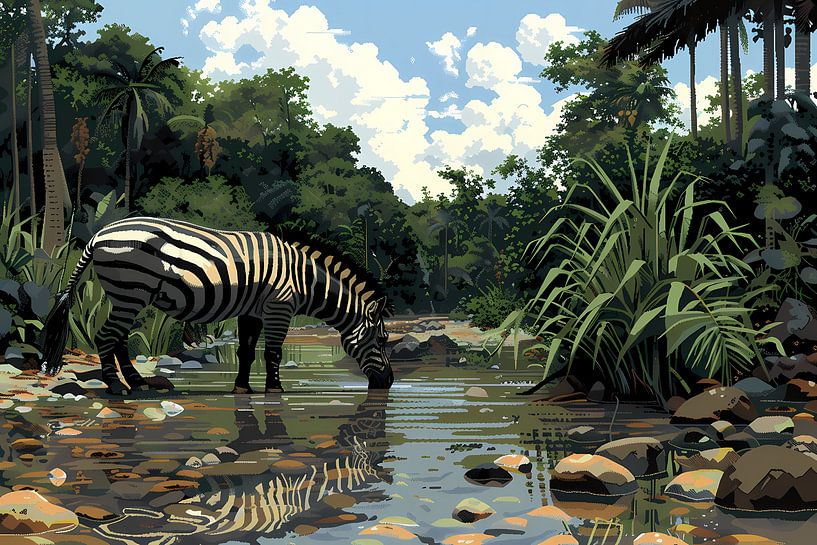 Zebra aan waterpoel in jungle van Art & Soul Creations