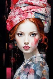 Enigmatic Elegance: Red Glitch Fusion